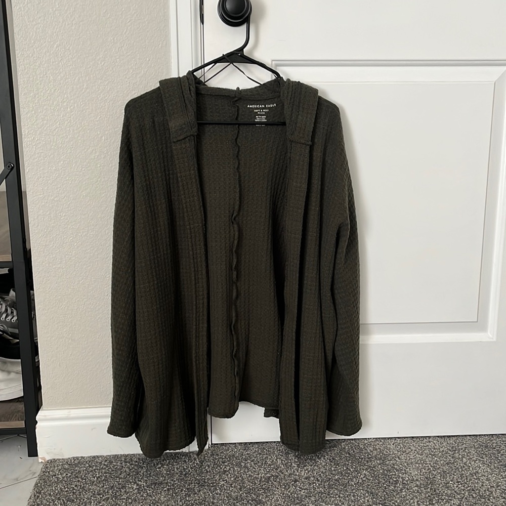 Soft & Sexy Plush Green-Grey Waffle Knit Cardigan with Hood